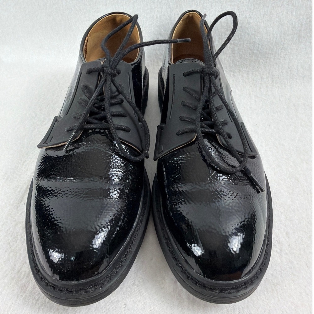 Franco Sarto Sendra Black Patent Crinkle Lace Up Oxford Lug Sole Womens 8.5M